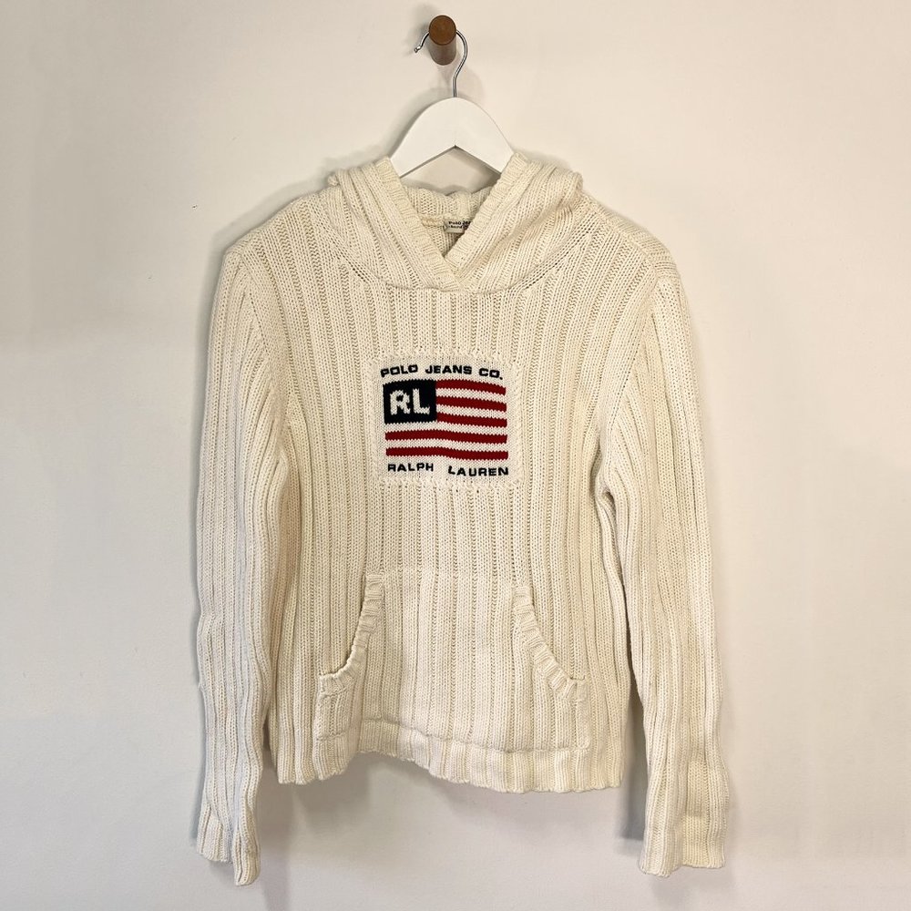 Vintage Y2K Polo Ralph Lauren US Flag Hooded Ribbed Cotton Knit Sweater